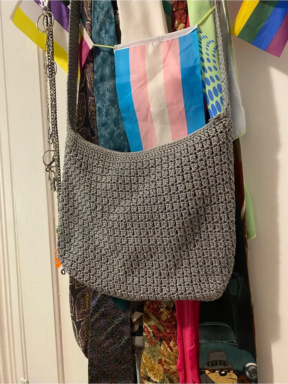 silver crochet shoulder bag